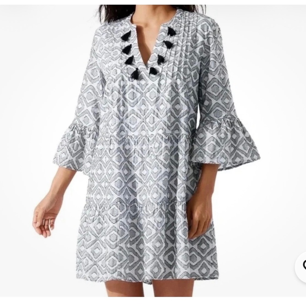 Tommy Bahama Diamond Clip Jacquard Dress Large Boho Tassel Tiered Swim Cover Up